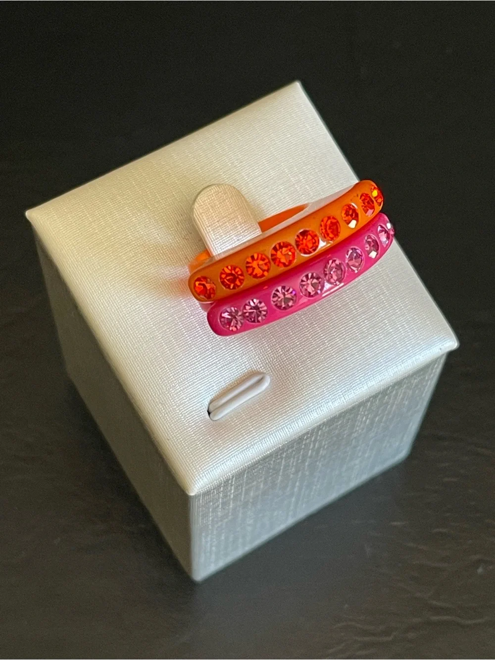 2 vintage Pink and Orange lucite rhinestone Ring